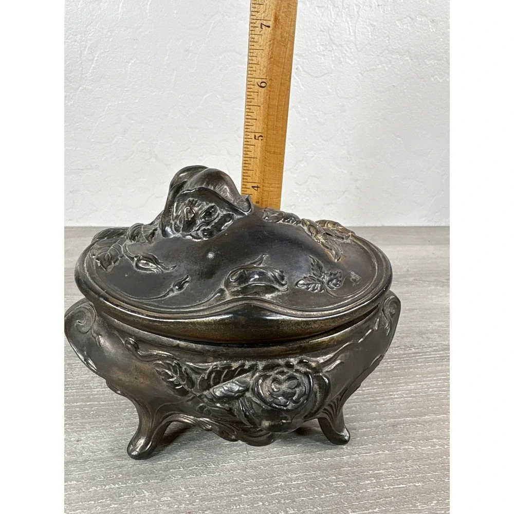 Vintage Rogers 66 Silver Plated Jewelry Box Art Nouveau Rose Footed Trinket Case